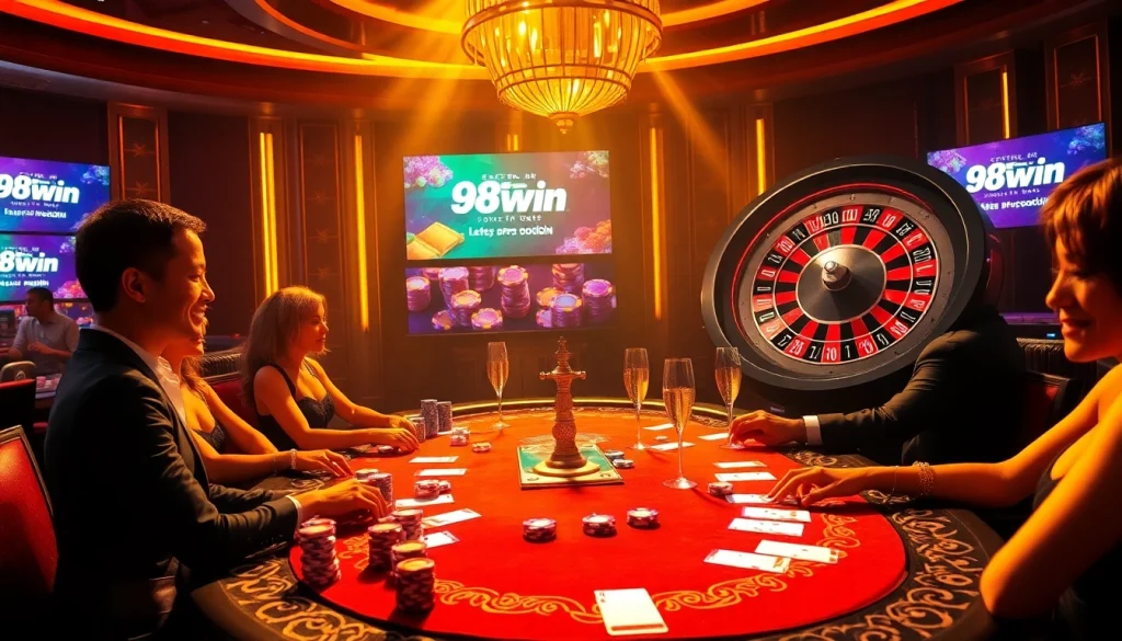 High-stakes poker action at 98win casino with luxurious ambiance and thrilling gameplay.