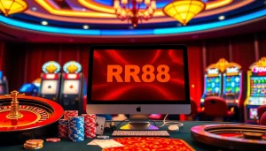 RR88 online gambling interface surrounded by poker chips and cards, evoking excitement.