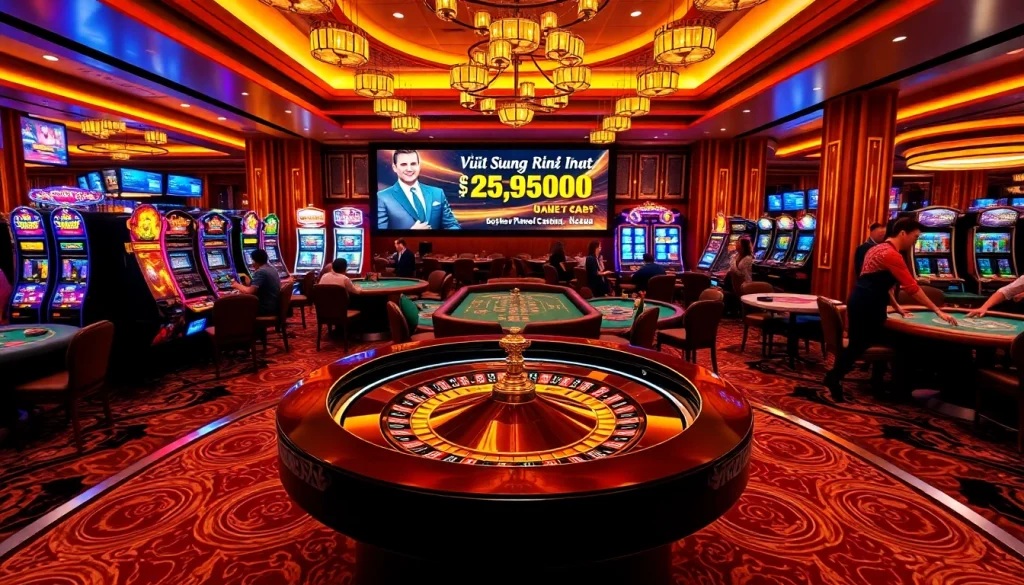 Experience the thrill of 'vào SHBET mới nhất' in a vibrant casino setting with poker chips and slot machines.