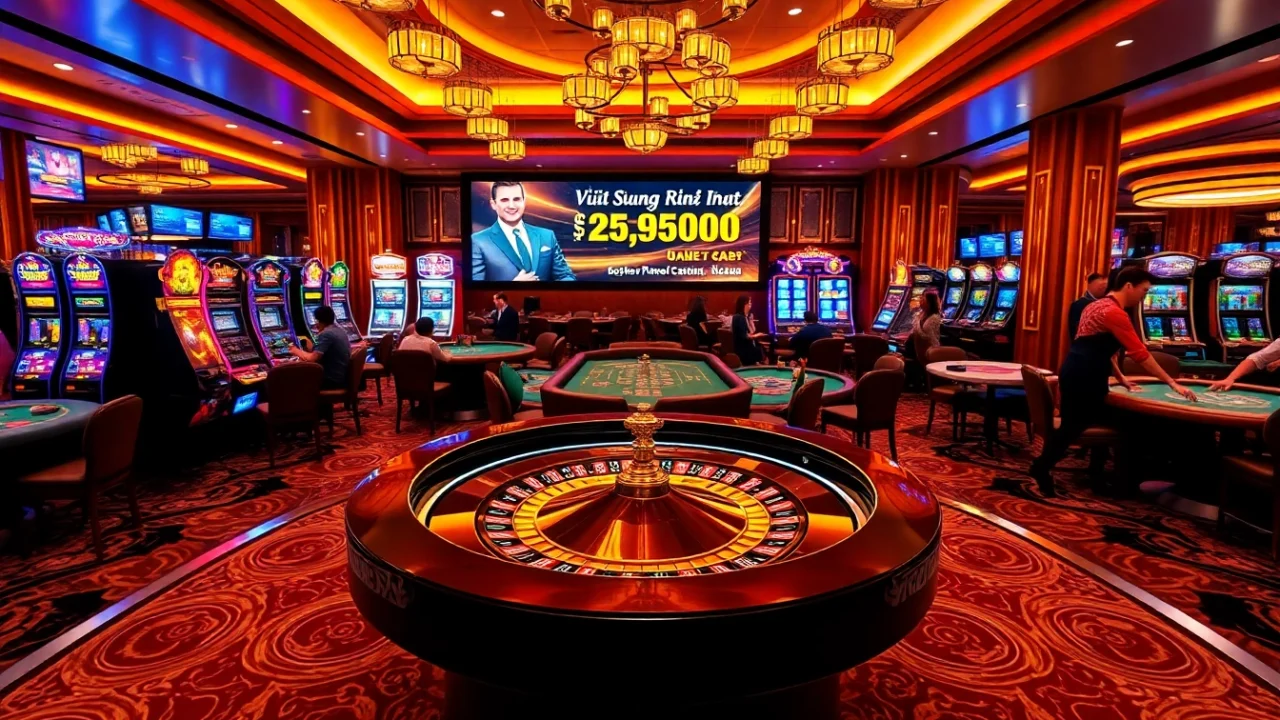 Experience the thrill of 'vào SHBET mới nhất' in a vibrant casino setting with poker chips and slot machines.