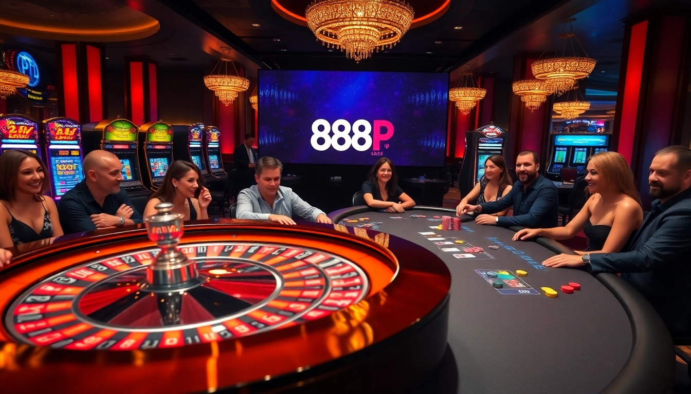 Players engaging in thrilling games at 888P casino, featuring roulette and slot machines.