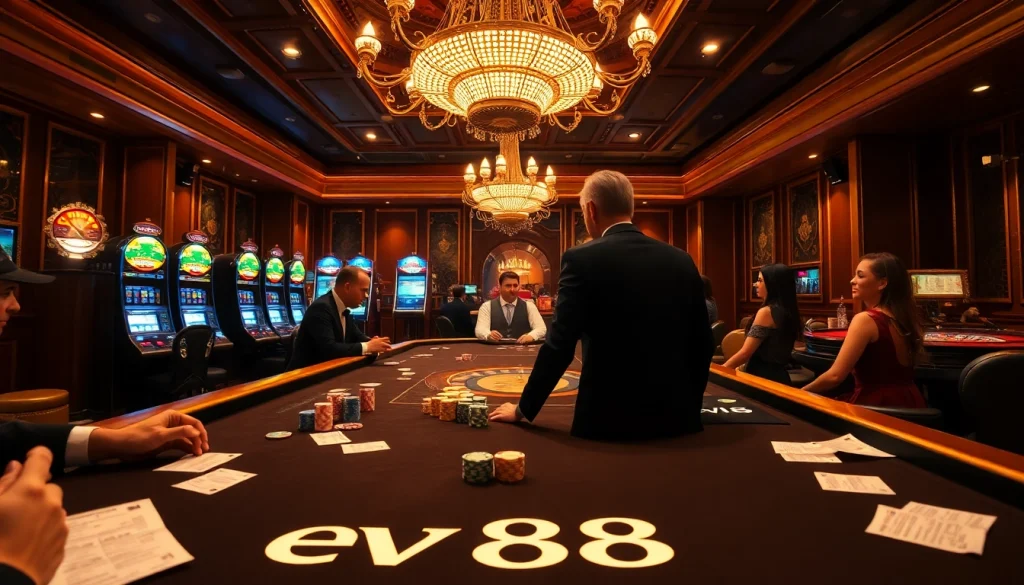 Play poker at ev88 casino with vibrant chips and luxurious ambiance.
