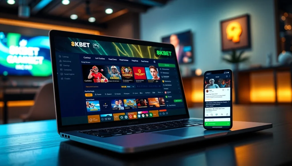 Online platform 8KBET showcasing exciting gaming features on digital devices.