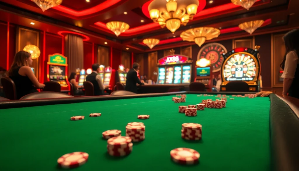 Players enjoying AX88 gaming fun at a luxurious casino, surrounded by vibrant slot machines.