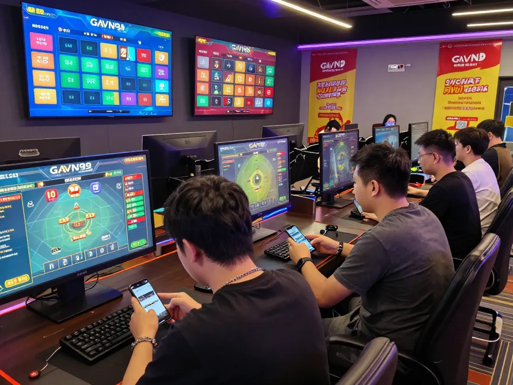 Gavn99 online gaming players engaged in interactive betting with vibrant screens and welcoming atmosphere.