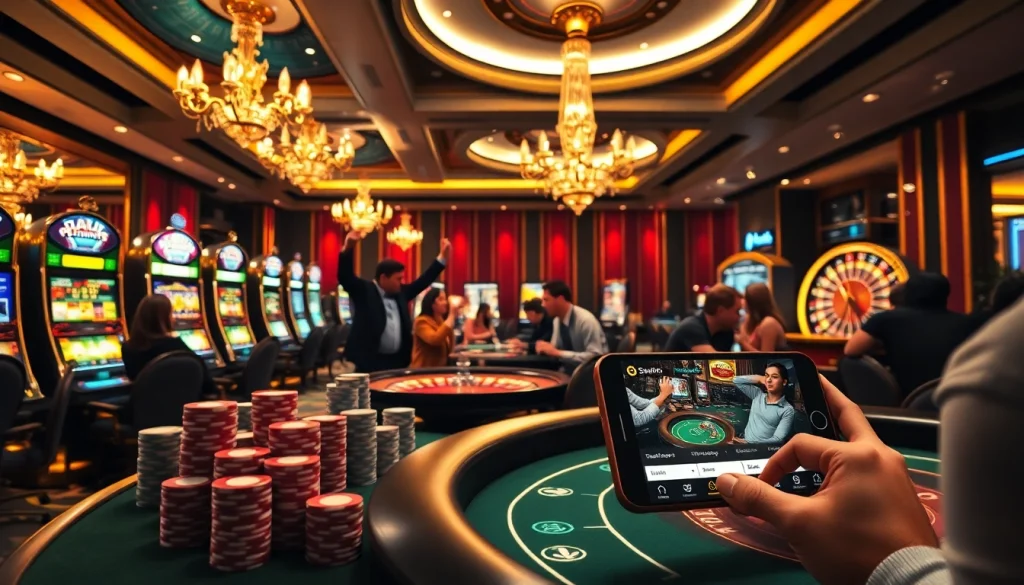 Players celebrating wins while enjoying online gambling experiences at https://sunwin5.org/ in a luxurious casino setting.