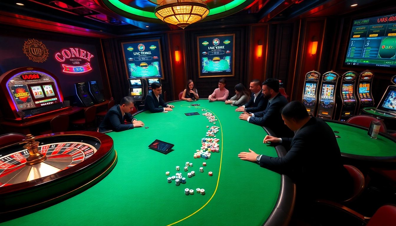 UU88 casino players strategizing at a vibrant gaming table with roulette and poker chips.