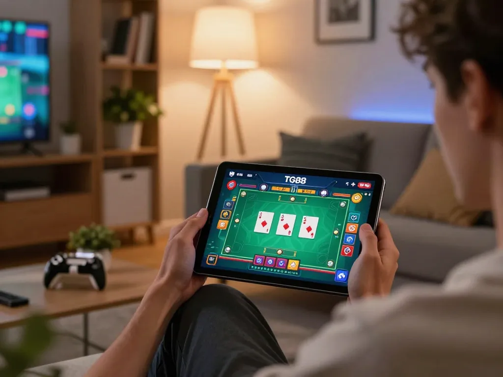 TG88 player engaging in online gaming from a cozy living room setup while studying strategies.