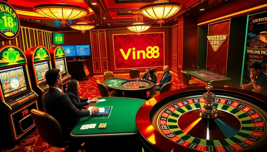 Players enjoying thrilling games at https://vin88ac.com/ in a luxurious casino atmosphere.