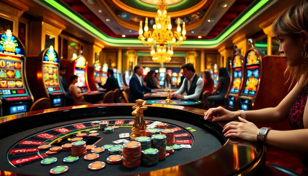 Experience high-stakes action at https://x88.law/ with an elegant casino scene showcasing vibrant gameplay.