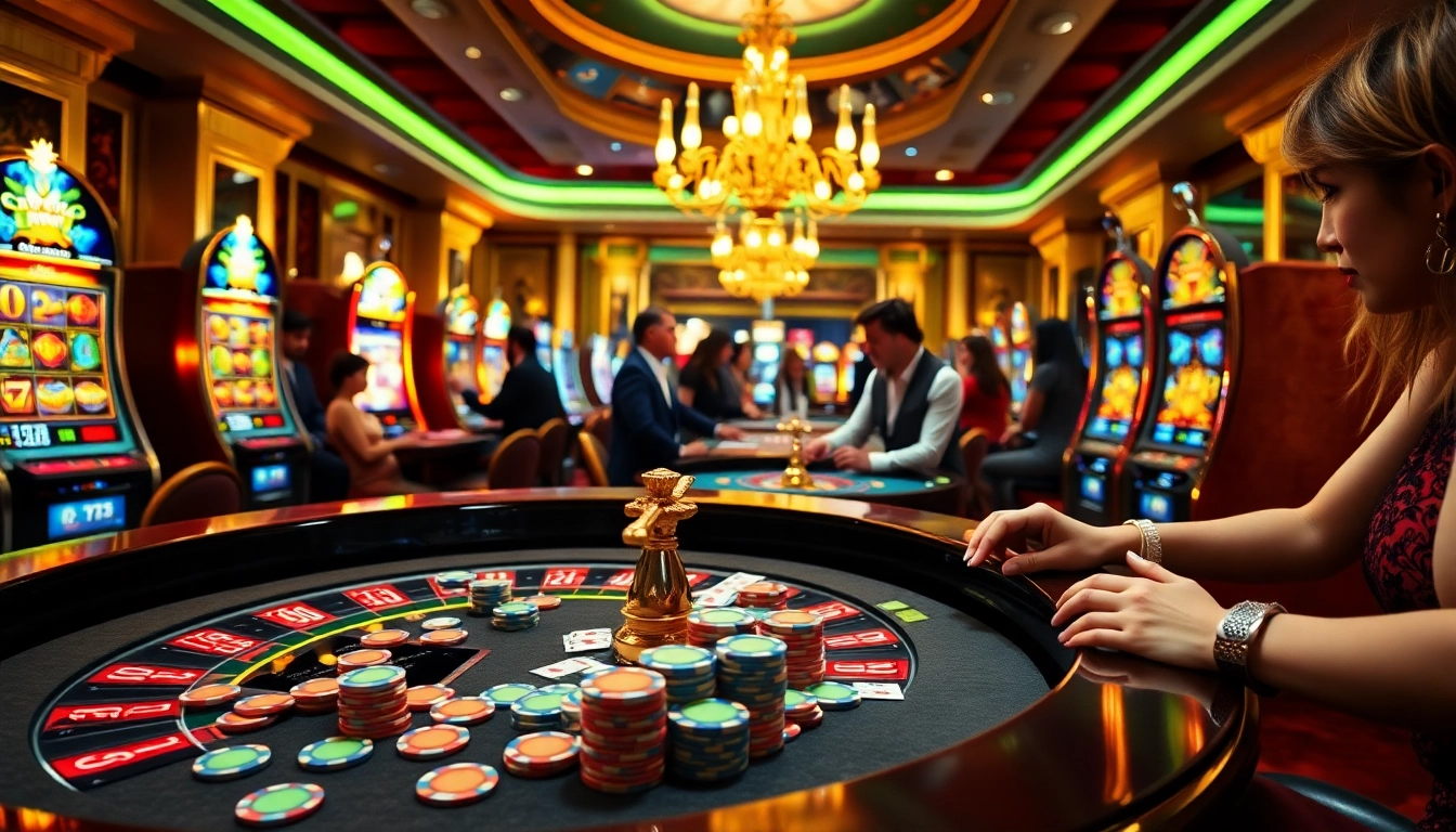 Experience high-stakes action at https://x88.law/ with an elegant casino scene showcasing vibrant gameplay.