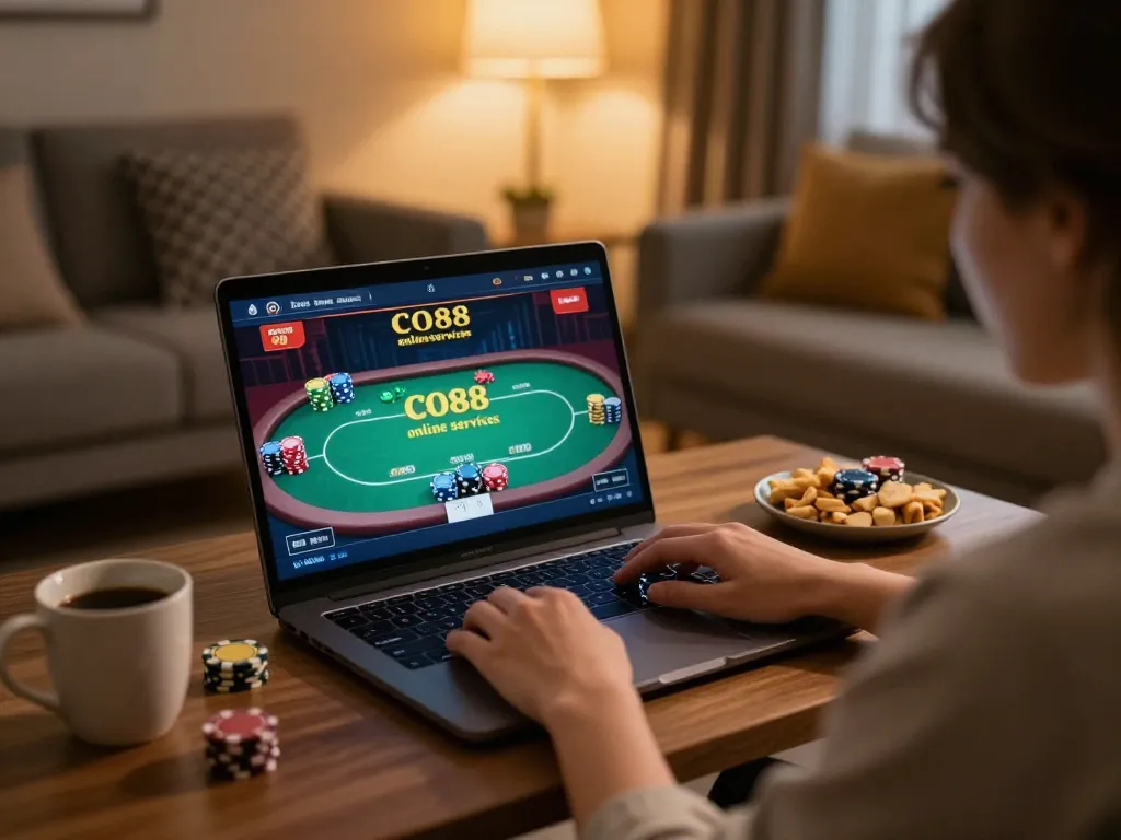 Person playing online casino games at home using CO88 platform on laptop.