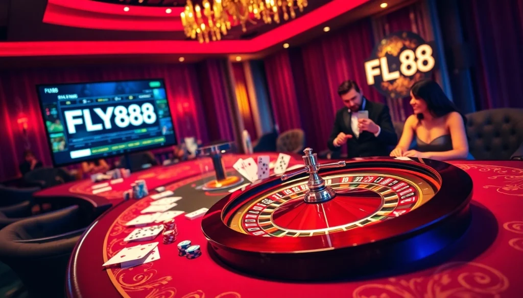 FLY88 casino table featuring roulette, poker chips, and playing cards in a vibrant setting.
