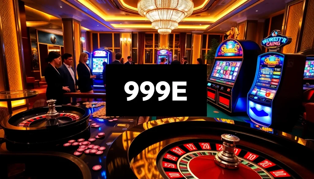 Players enjoying their luck at the roulette table and slot machine at 999E casino.