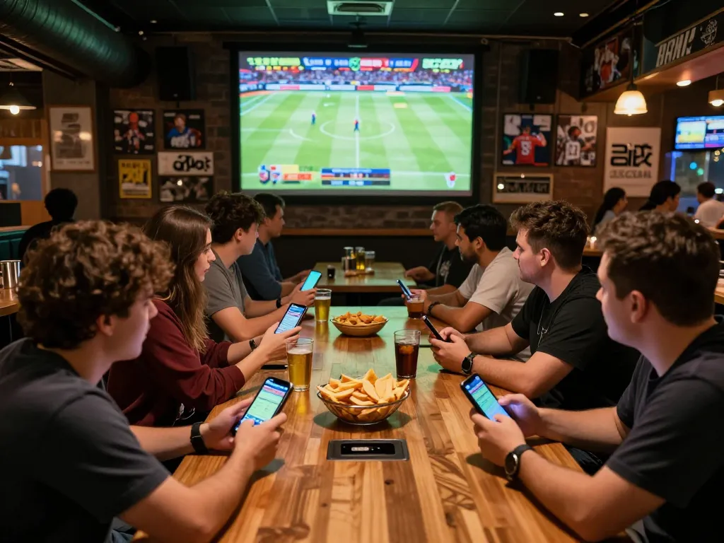 SBOBET users placing live bets at a bustling sports bar, showcasing excitement in gameplay.