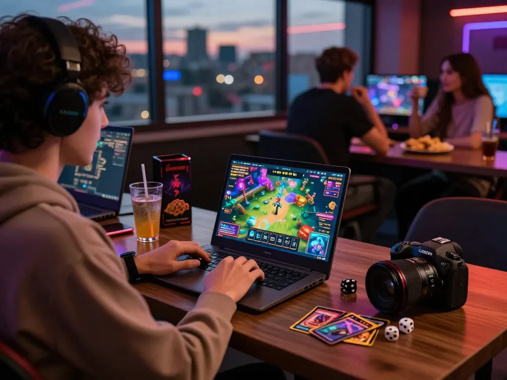 Engaging moment in a bomwin online gaming lounge featuring colorful graphics and cozy ambiance.