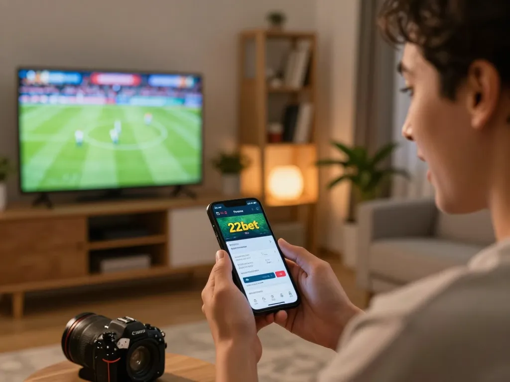 Betting on 22bet app during a live football match at home, capturing excitement.