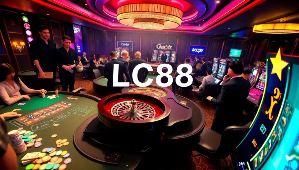 LC88 players enjoying an exciting casino scene with roulette and blackjack games.