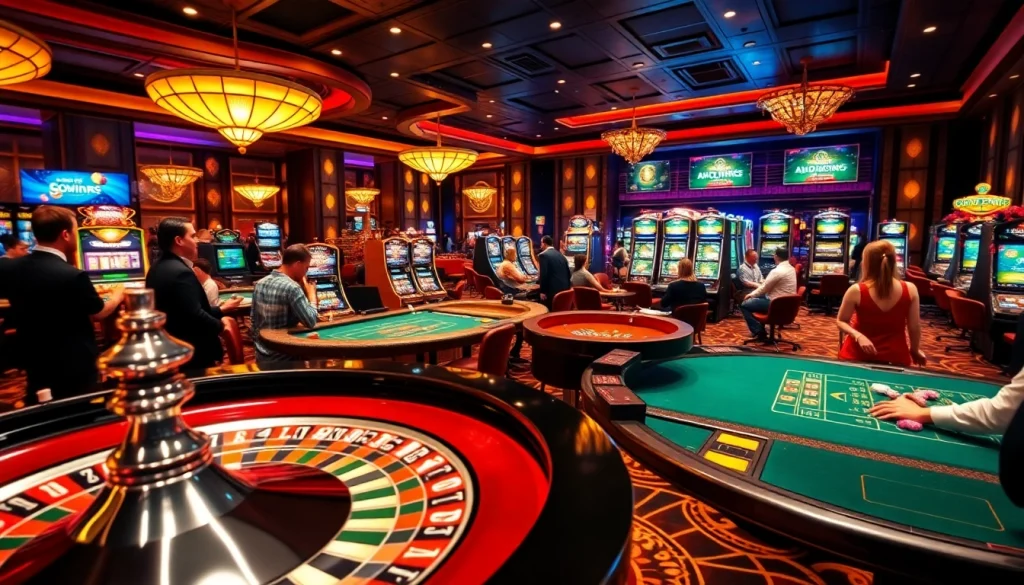 Players enjoying a thrilling gambling experience at GG88 casino, featuring roulette and poker tables.