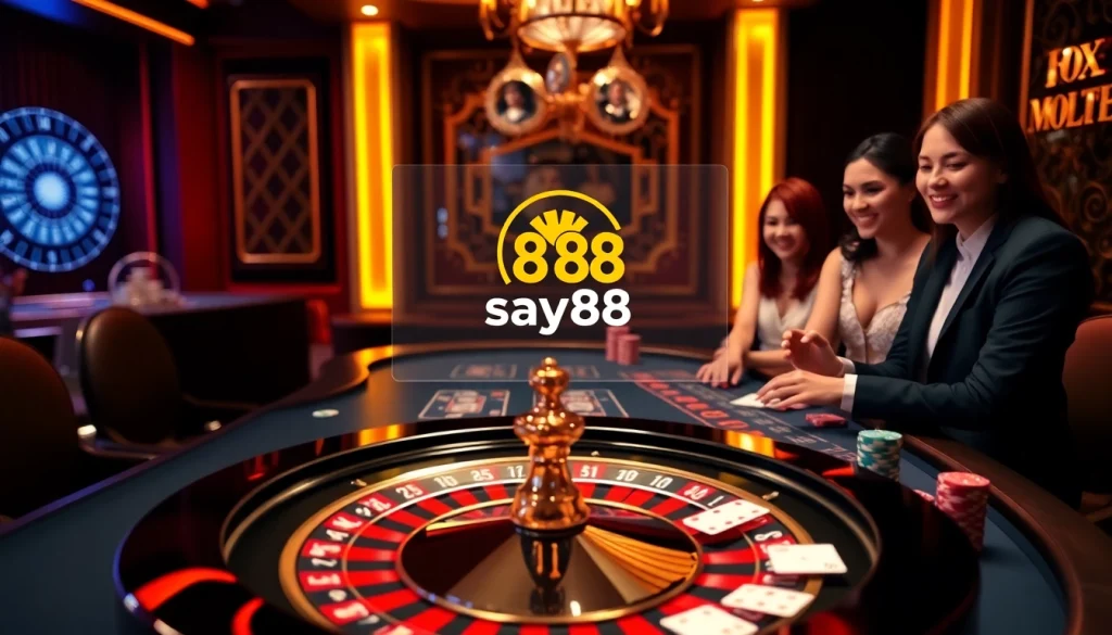Players enjoying casino games at say88 with vibrant roulette and poker elements.
