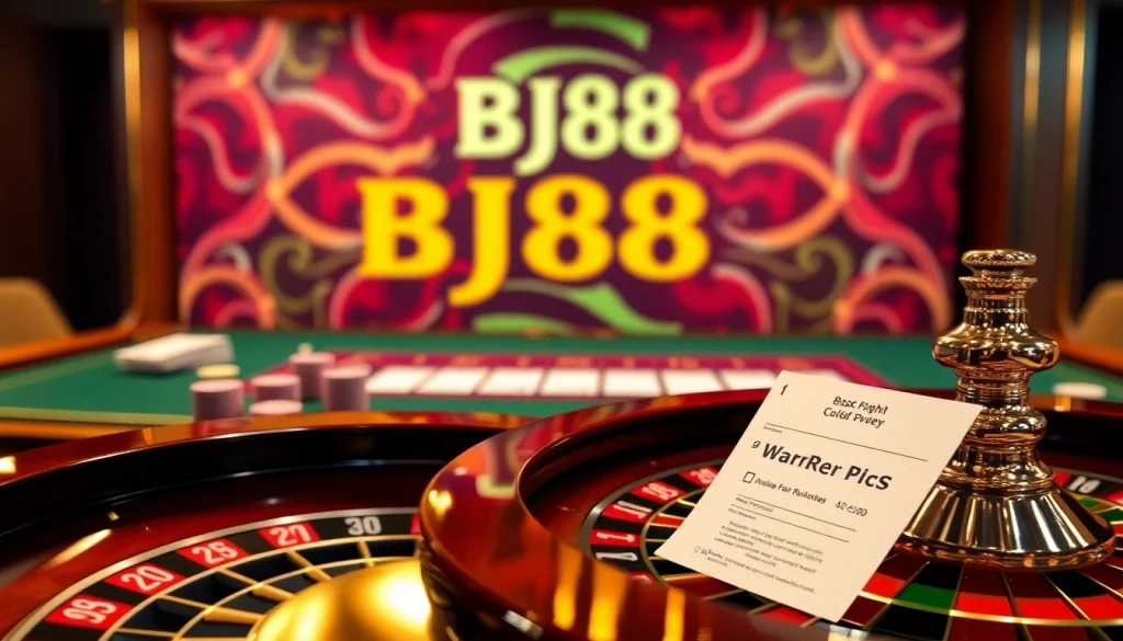 Experience the thrill of BJ88 gaming with vibrant tables and betting slips in a luxurious setting