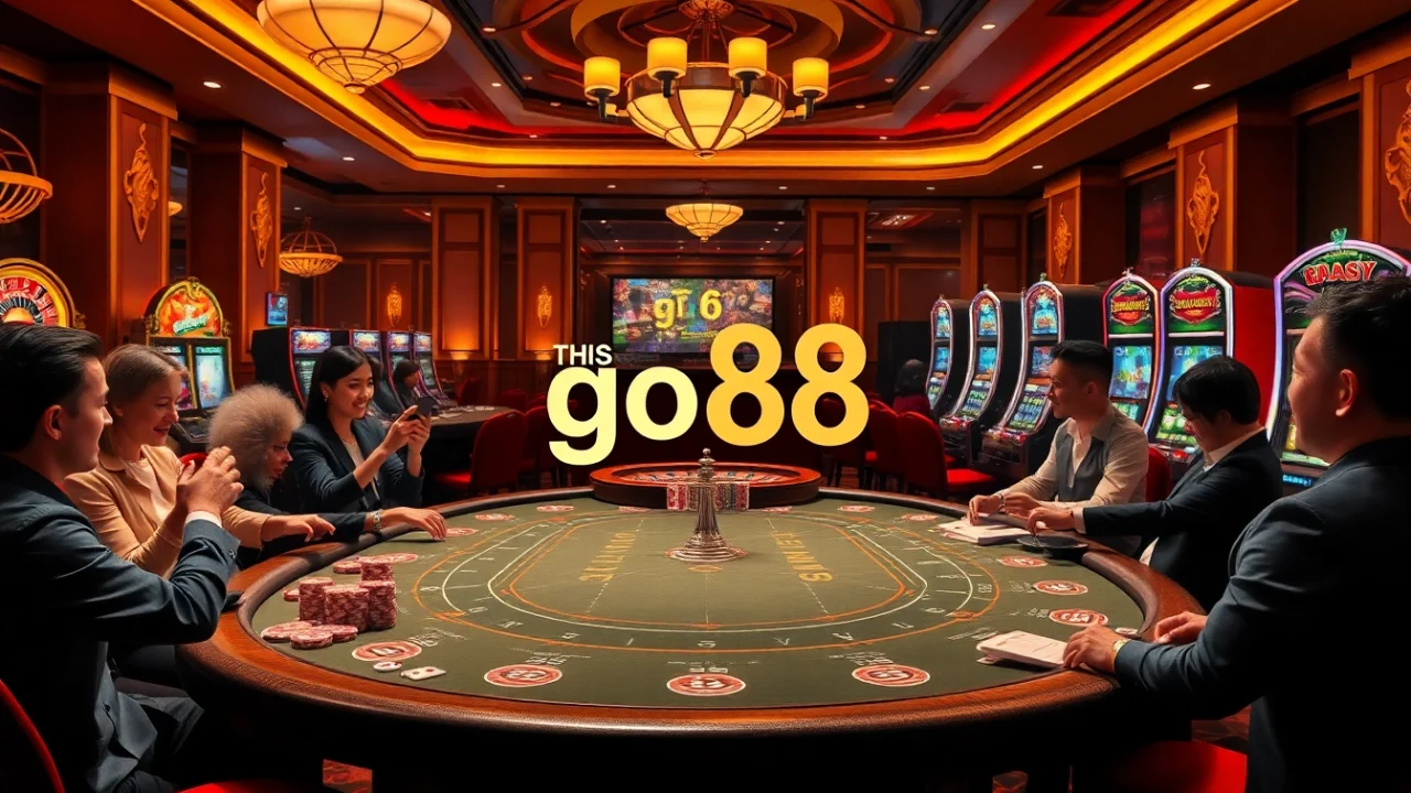 Experience excitement at a go88 casino table with vibrant poker games and roulette wheels.