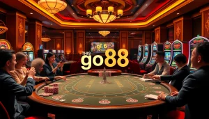 Experience excitement at a go88 casino table with vibrant poker games and roulette wheels.