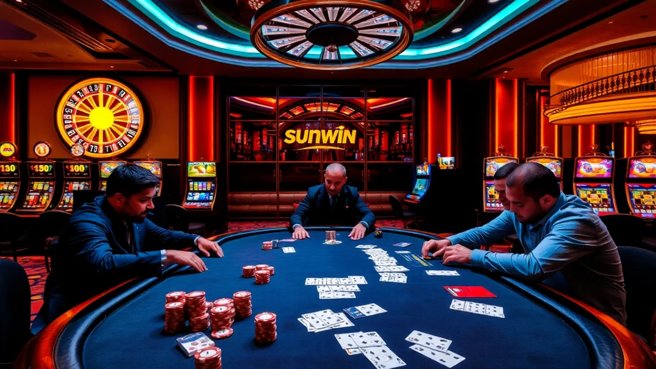 Experience thrilling gameplay at Sunwin's luxurious casino table with poker chips and cards.