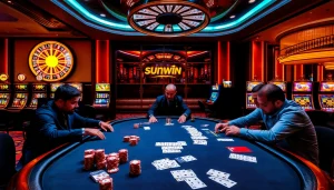 Experience thrilling gameplay at Sunwin's luxurious casino table with poker chips and cards.