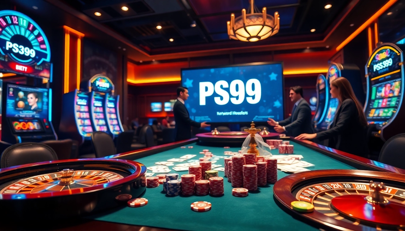 Exciting casino scene showing poker chips, cards, and PS99 on a digital display.