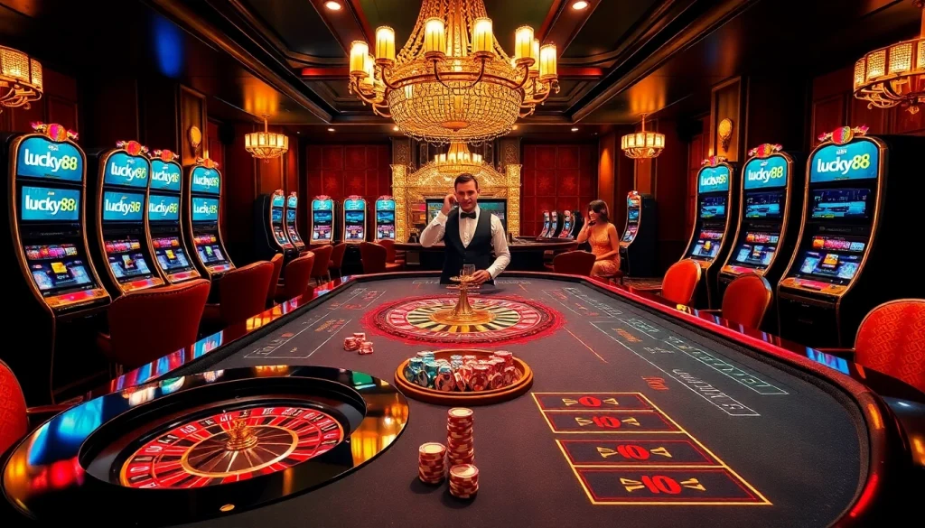 Experience thrilling gameplay at Lucky88 casino with vibrant roulette, slot machines, and poker elements.