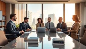 A group of professional attorneys in a Miami law firm discussing legal matters around a conference table.