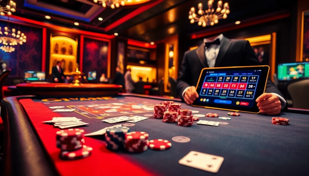 Engaging players at an i9bet casino table with colorful chips and vibrant atmosphere.