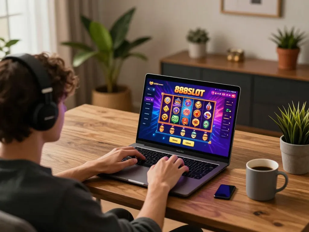 Engaged user playing 888SLOT on a laptop in a cozy home setup, enjoying online gambling.