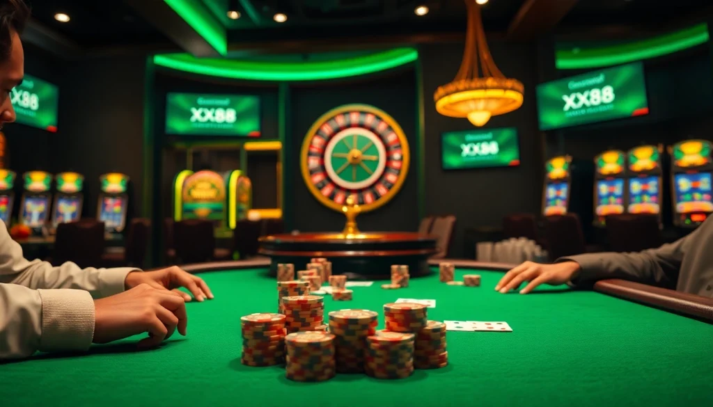 Experience the thrill of playing poker at a luxurious XX88 casino table filled with chips and cards.