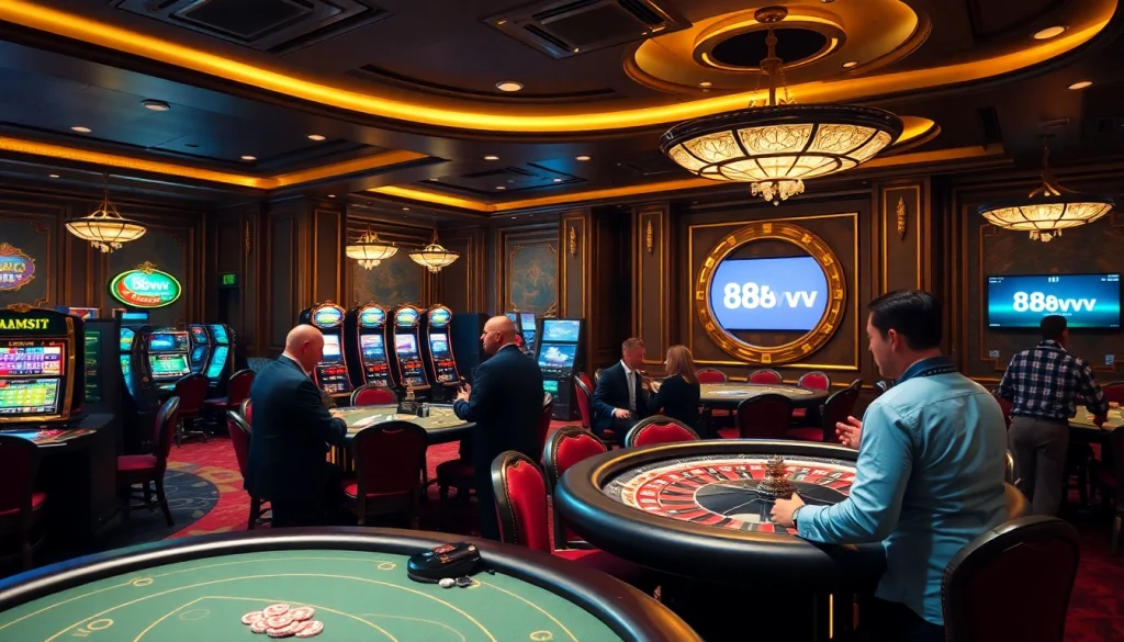 Exciting gaming scene at 88vv casino showcasing poker and slot machines.