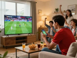 Fan enjoying live football with Okwintv streaming in a lively, decorated living room.
