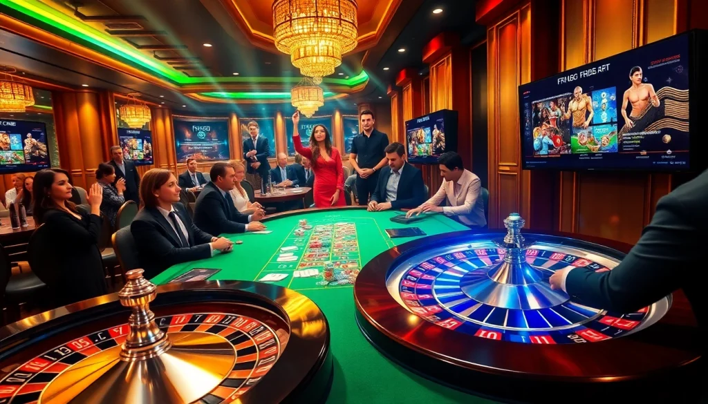 Engage in thrilling gameplay at F168 with vibrant poker tables and a spinning roulette wheel.