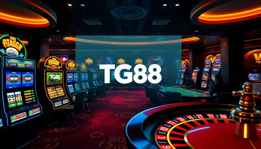 Experience high-stakes gameplay with tg88 in a vibrant casino setting featuring slot machines and poker tables.