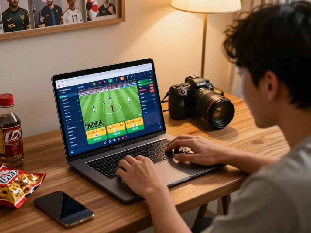 Person engaging in keonhacai sports betting at home, reviewing odds and strategies on laptop