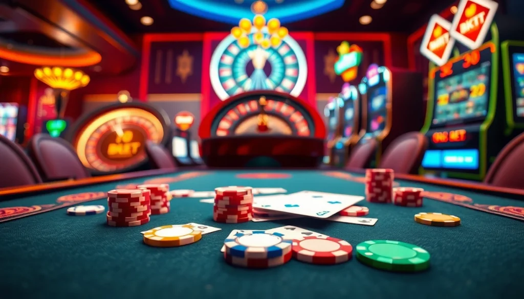 Experience thrilling casino action at 8kbet with vibrant poker chips and a dazzling roulette wheel.