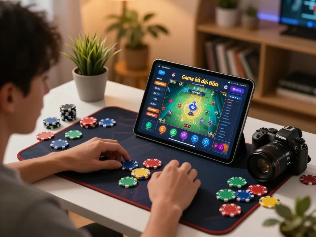 Engaging scene of online Game bài đổi thưởng gameplay on tablet with colorful chips scattered around