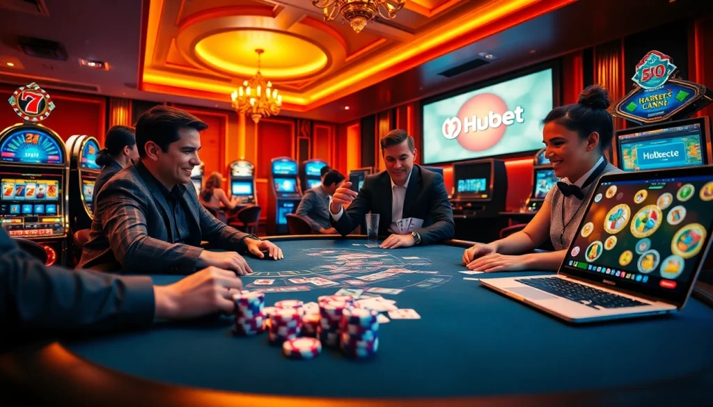 Excited players enjoying games at Hubet, featuring vibrant casino elements and thrilling bets.