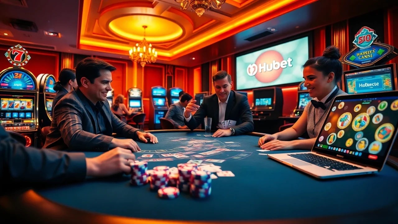 Excited players enjoying games at Hubet, featuring vibrant casino elements and thrilling bets.