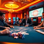 Excited players enjoying games at Hubet, featuring vibrant casino elements and thrilling bets.