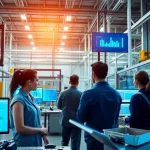 Paperless traceability software in action at a modern manufacturing facility with digital displays and collaborative workers.