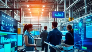 Paperless traceability software in action at a modern manufacturing facility with digital displays and collaborative workers.