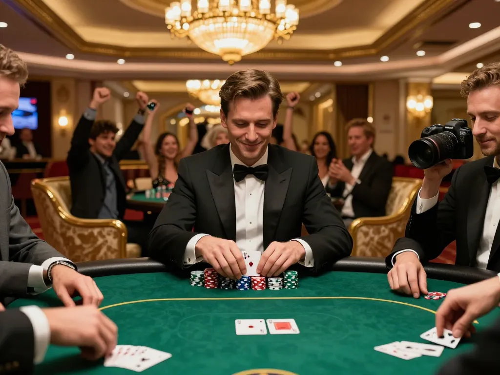 Fly88 players celebrating a win at a luxury casino poker table, showcasing strategic gameplay.
