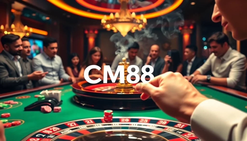 Gamblers placing bets at the roulette wheel featuring CM88 for an exciting casino experience.