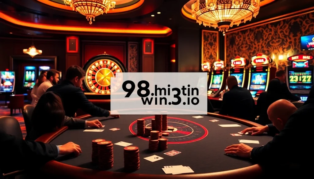 Players enjoy a high-stakes poker game at a luxurious casino, highlighting the essence of gambling at https://98win3h.io/.